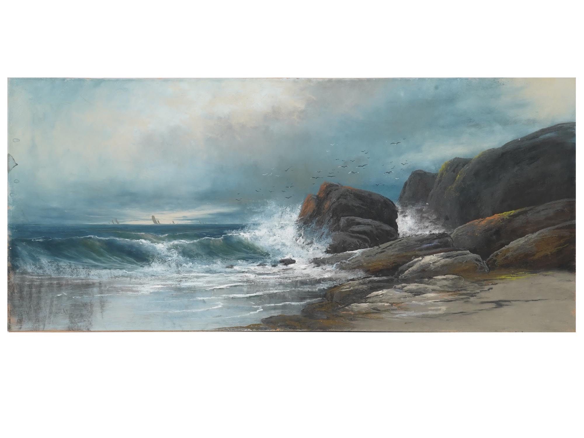 ANTIQUE MARINE PASTEL PAINTING SIGNED BY ARTIST PIC-0